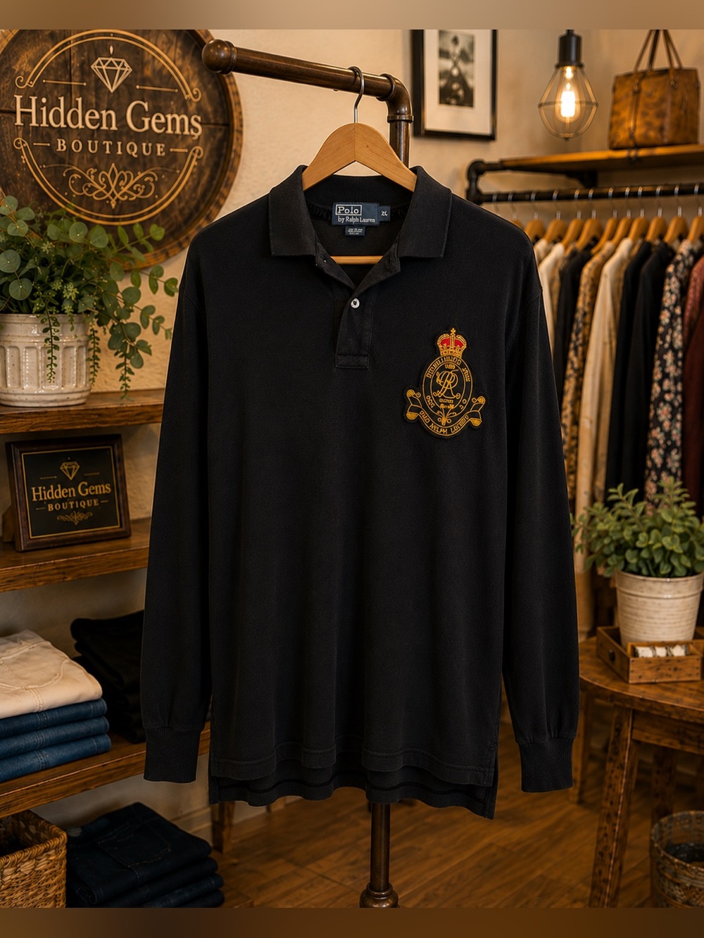 Ralph Lauren Black Long-Sleeve Polo with Gold Crest - Picture 6 of 9
